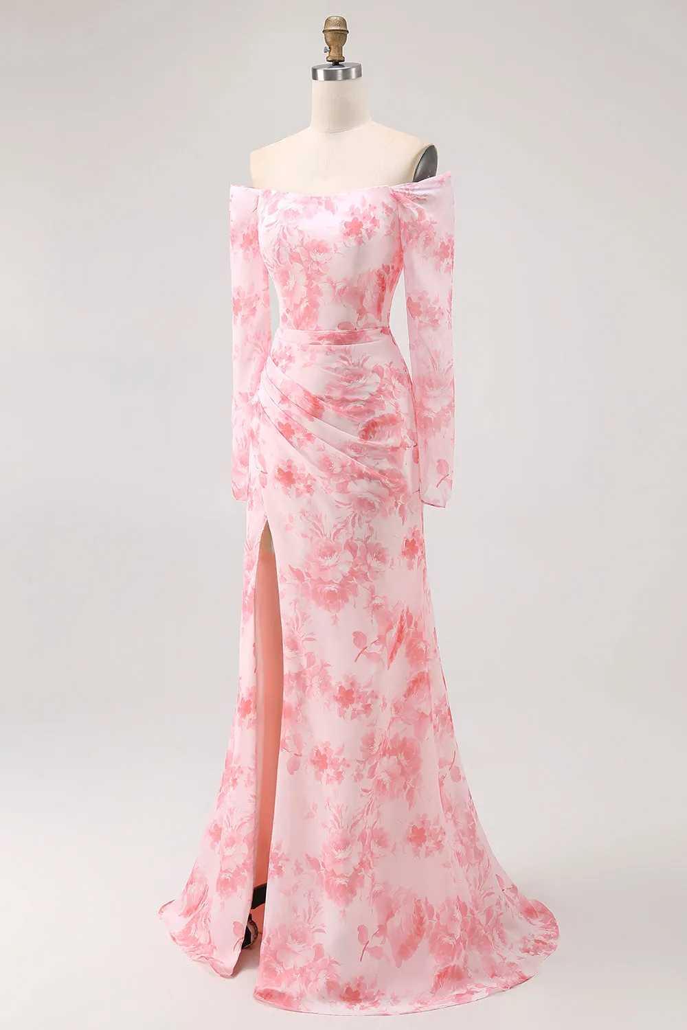 Pink Floral Off-Shoulder Chiffon Fitted Bodice Maxi Dress with Slight Flare sold by Wedtrend product image thumbnail 3