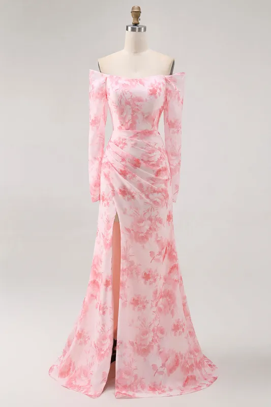 Pink Floral Off-Shoulder Chiffon Fitted Bodice Maxi Dress with Slight Flare made by Wedtrend