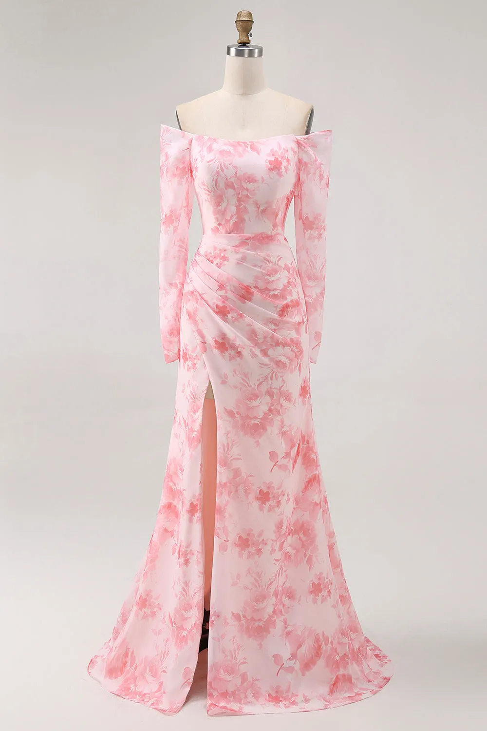 Pink Floral Off-Shoulder Chiffon Fitted Bodice Maxi Dress with Slight Flare sold by Wedtrend