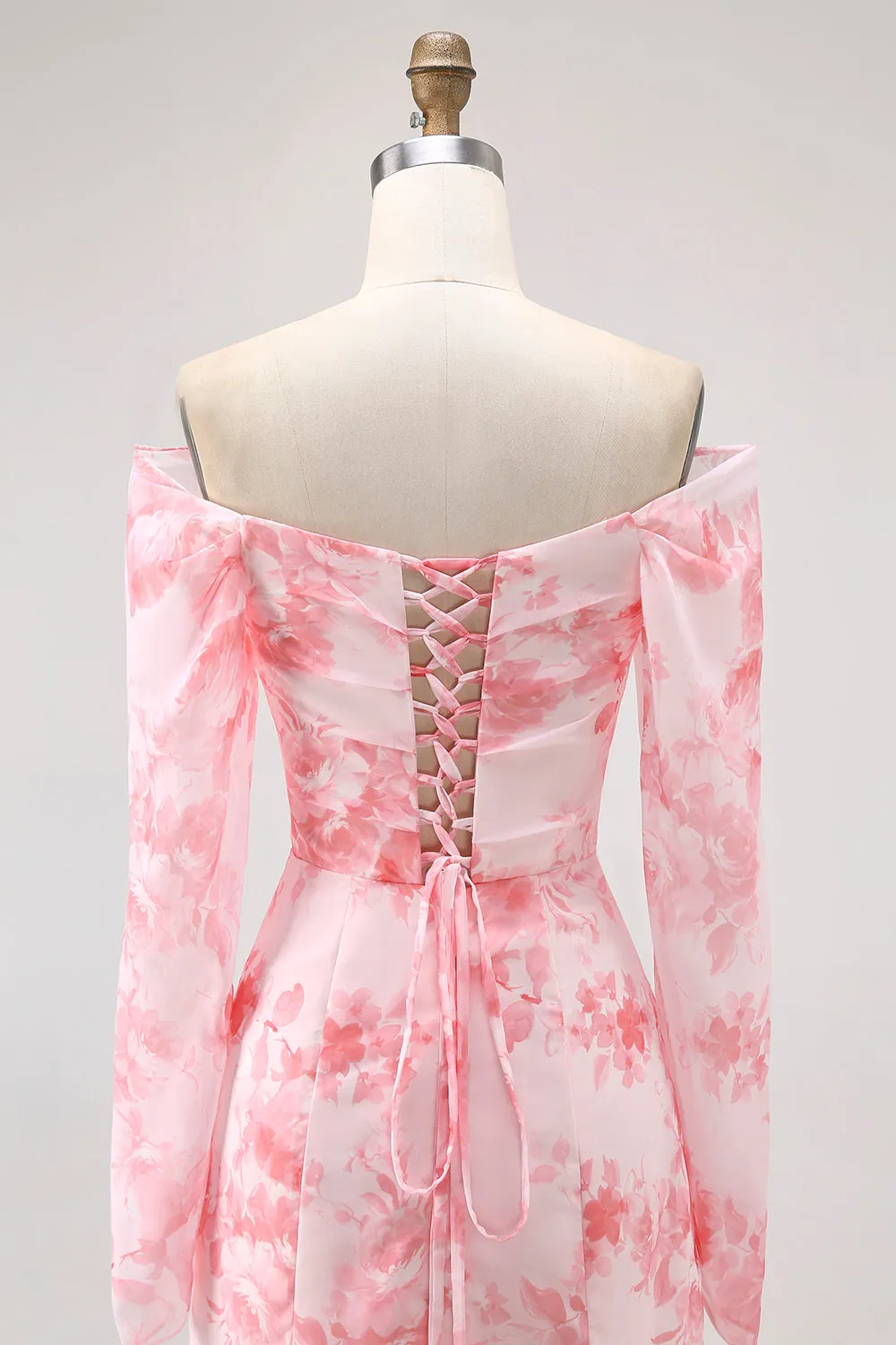 Pink Floral Off-Shoulder Chiffon Fitted Bodice Maxi Dress with Slight Flare sold by Wedtrend product image thumbnail 5