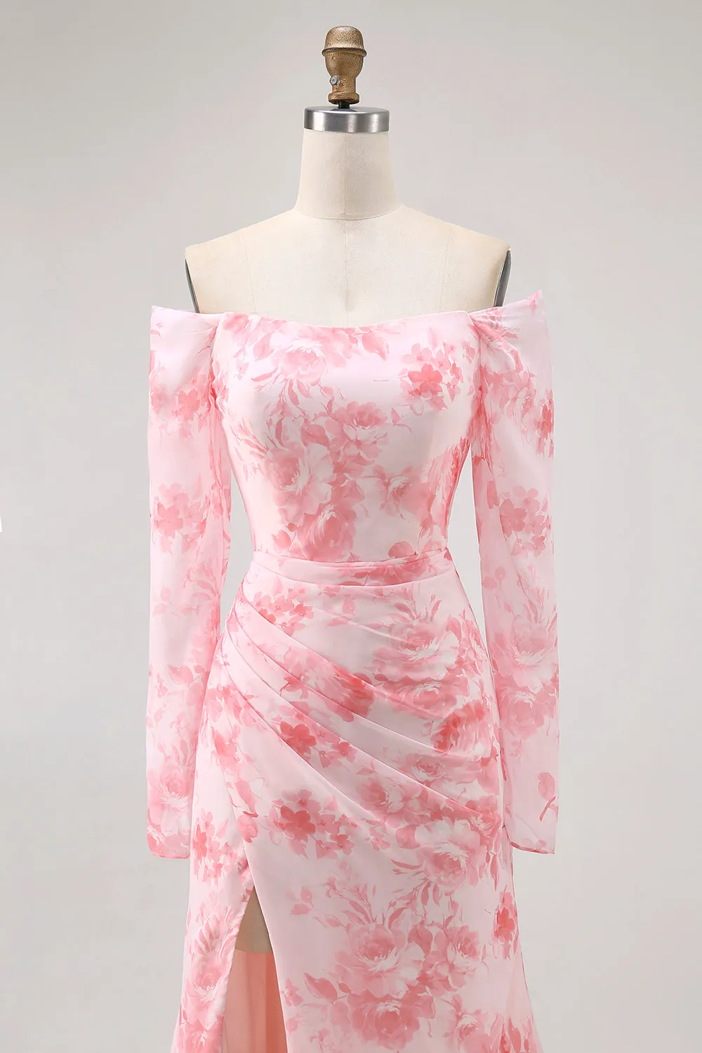 Pink Floral Off-Shoulder Chiffon Fitted Bodice Maxi Dress with Slight Flare sold by Wedtrend product image thumbnail 4