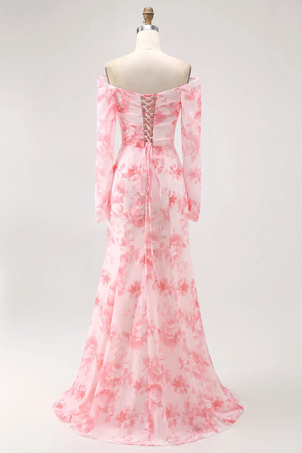 Pink Floral Off-Shoulder Chiffon Fitted Bodice Maxi Dress with Slight Flare sold by Wedtrend product image thumbnail 2