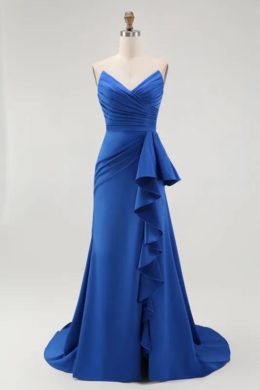 Royal Blue Sweetheart Neck Fitted Bodice Satin Maxi Dress with Ruffle Side made by Wedtrend