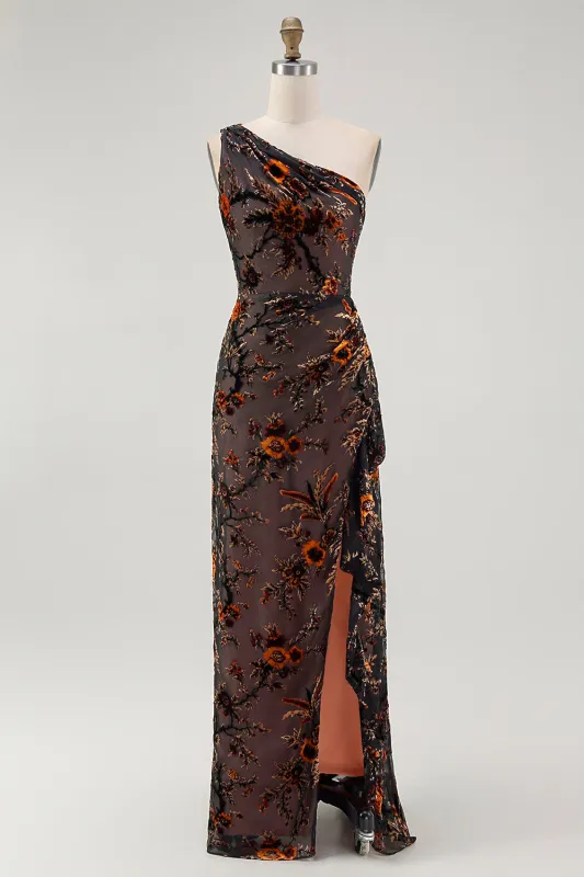 Black Sheath Velvet Burnout Floral One-Shoulder Maxi Dress with Slit sold by Wedtrend
