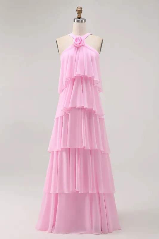 Elegant Candy Pink A-Line Halter Neck Tiered Chiffon Maxi Dress with Rose Accent sold by Wedtrend