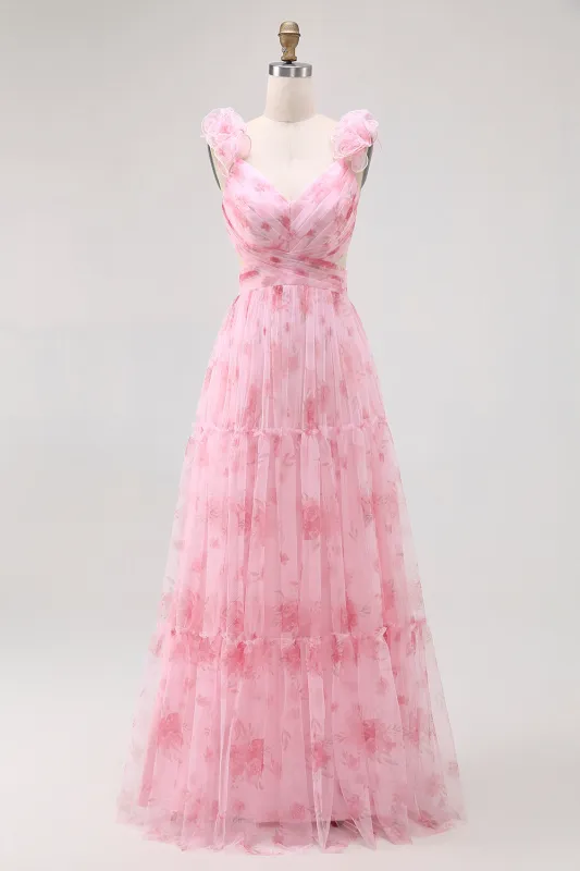 Blush Flower A-Line Cut-Out Tulle Backless Print Maxi Dress made by Wedtrend