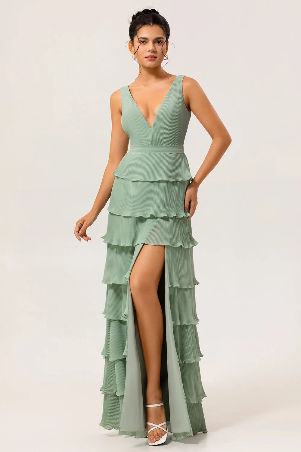 Dusty Sage A Line V-Neck Pleated Tiered Backless Long Bridesmaid Dress with Slit sold by Wedtrend product image thumbnail 3