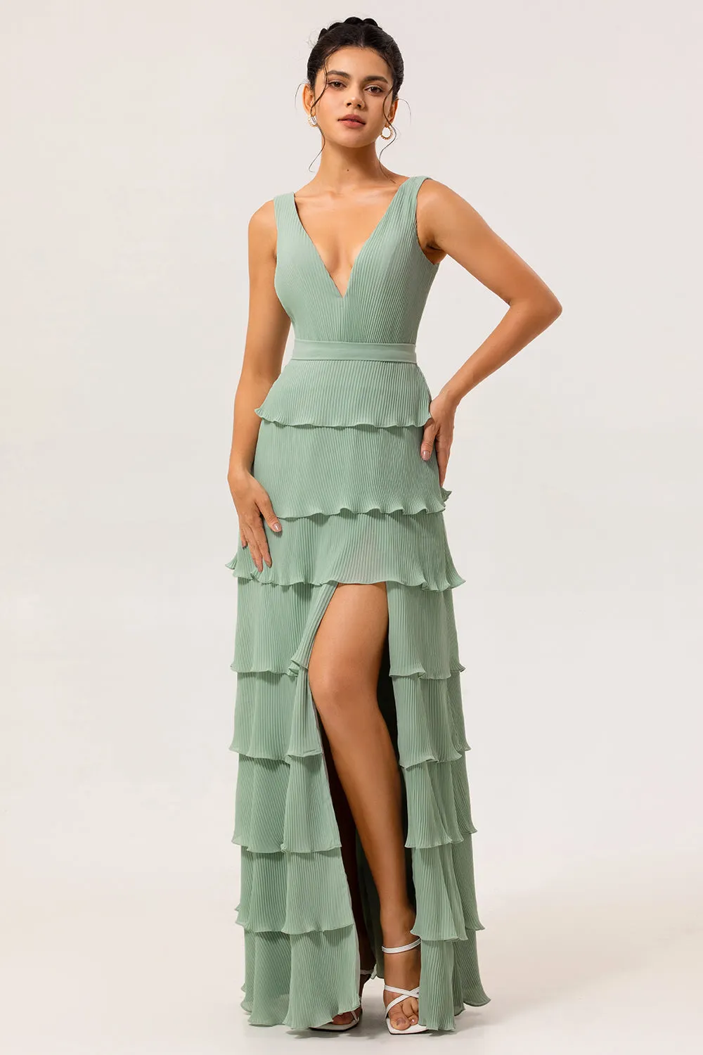 Dusty Sage A Line V-Neck Pleated Tiered Backless Long Bridesmaid Dress with Slit sold by Wedtrend product image thumbnail 5