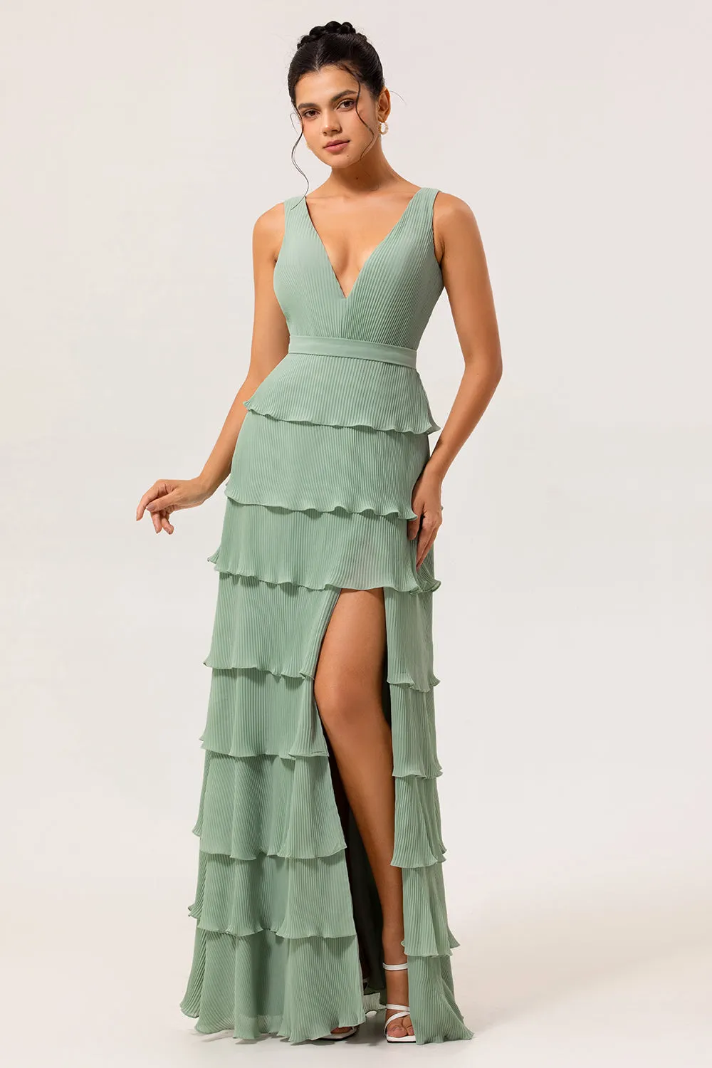 Dusty Sage A Line V-Neck Pleated Tiered Backless Long Bridesmaid Dress with Slit sold by Wedtrend