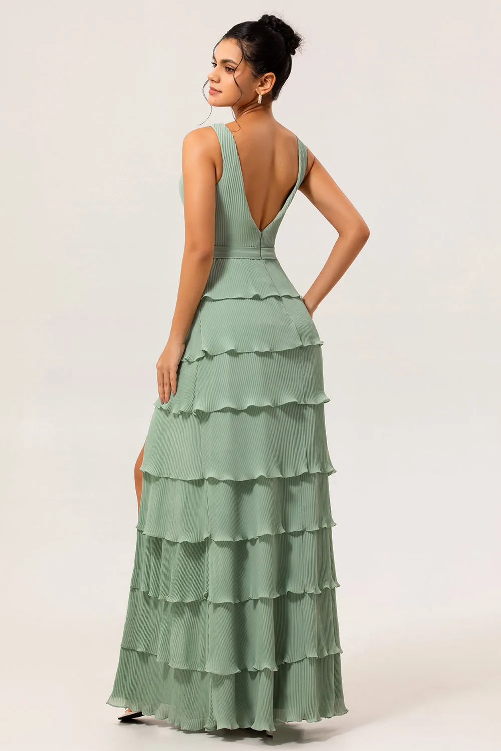 Dusty Sage A Line V-Neck Pleated Tiered Backless Long Bridesmaid Dress with Slit sold by Wedtrend product image thumbnail 2