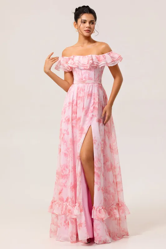 Pink Floral A-Line Off The Shoulder Chiffon Long Bridesmaid Dress with Ruffles made by Wedtrend