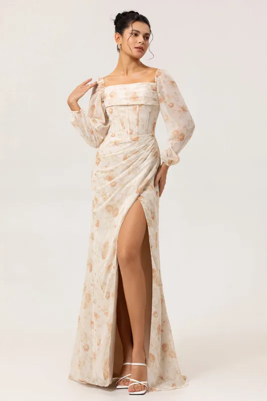 Ivory Peach Floral Sheath Square Neck Chiffon Long Sleeves Maxi Dress with High Slit sold by Wedtrend