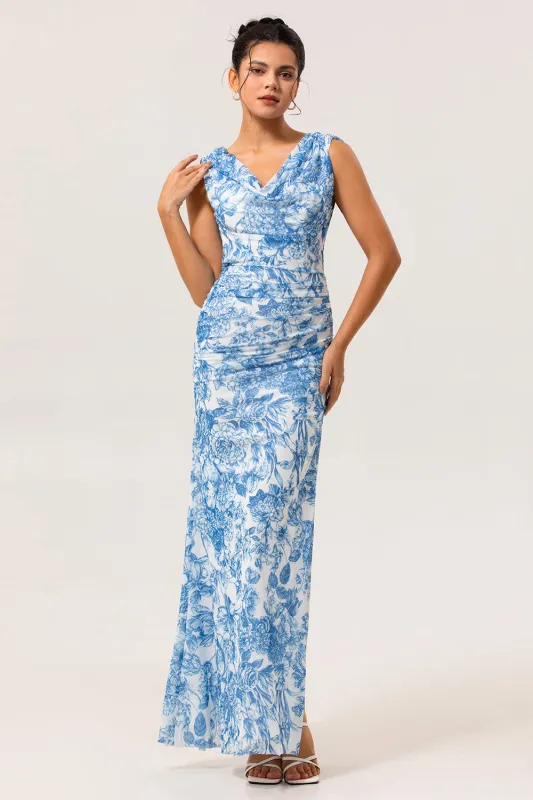 Blue & White Floral Fitted Cowl Neck Backless Maxi Dress with Slit made by Wedtrend