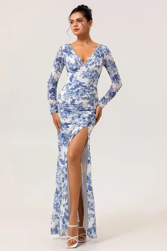 White Blue Flower Sheath V-Neck Long Sleeves Chiffon Dress with Side Slit sold by Wedtrend