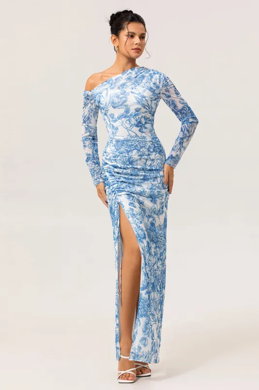 White Blue Floral One-Shoulder Long Sleeves Drawstring Maxi Dress with High Slit sold by Wedtrend