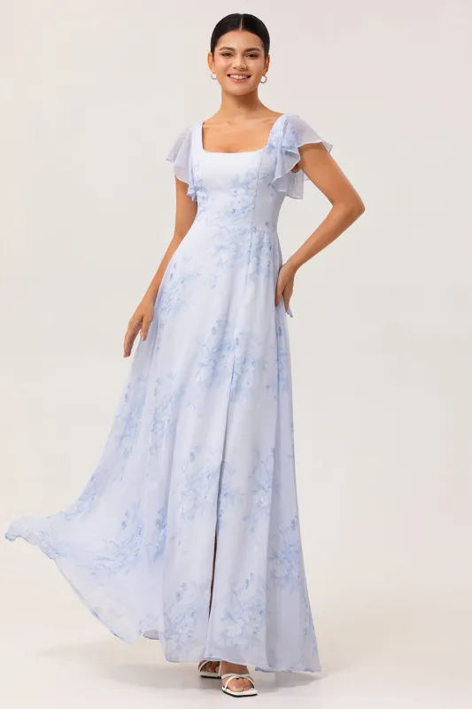 Blue Flower A-Line Square Neck Chiffon Flutter Sleeves Long Bridesmaid Dress with Slit sold by Wedtrend