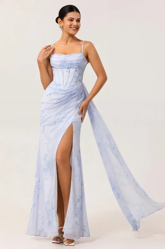 Blue Floral Spaghetti Straps Mermaid Streamer Corset Long Bridesmaid Dress with Slit made by Wedtrend