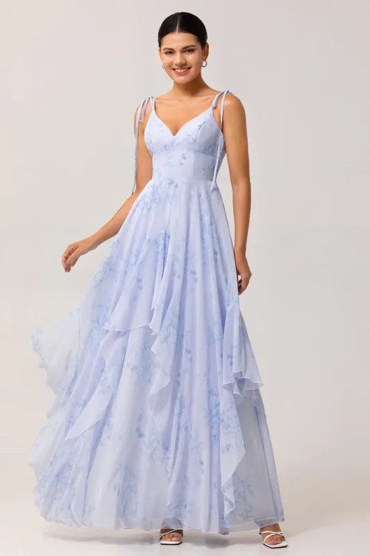 Blue Flower A-Line Spaghetti Straps High-Low Hem Long Bridesmaid Dress with Ruffles made by Wedtrend