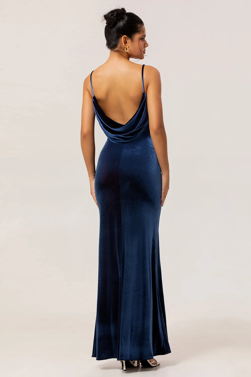 Dark Blue Mermaid Cowl Neck Backless Velvet Long Bridesmaid Dress sold by Wedtrend product image thumbnail 2