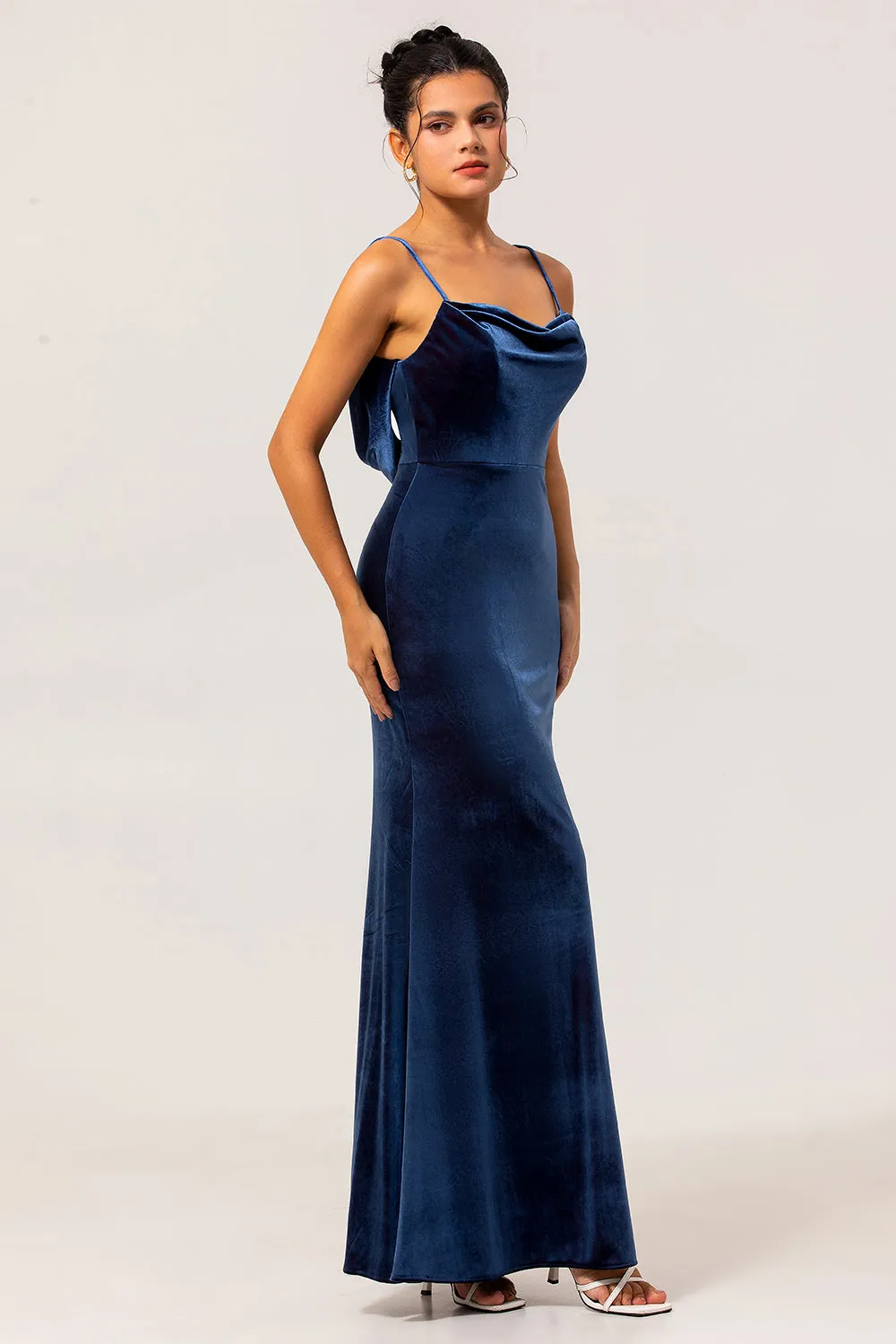 Dark Blue Mermaid Cowl Neck Backless Velvet Long Bridesmaid Dress sold by Wedtrend product image thumbnail 4
