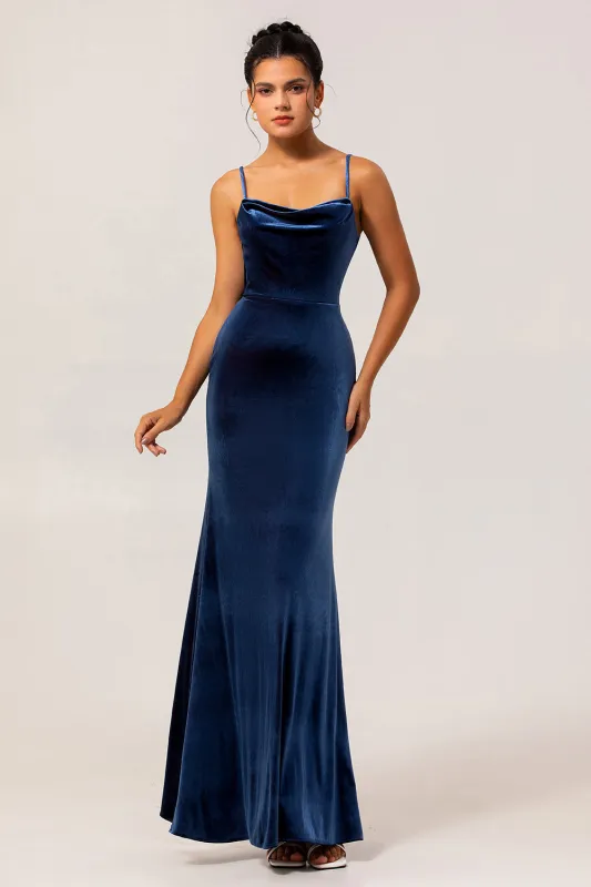 Dark Blue Mermaid Cowl Neck Backless Velvet Long Bridesmaid Dress sold by Wedtrend