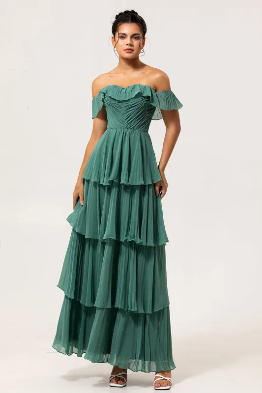 Eucalyptus A-Line Off The Shoulder Tiered Ruched Chiffon Long Bridesmaid Dress made by Wedtrend