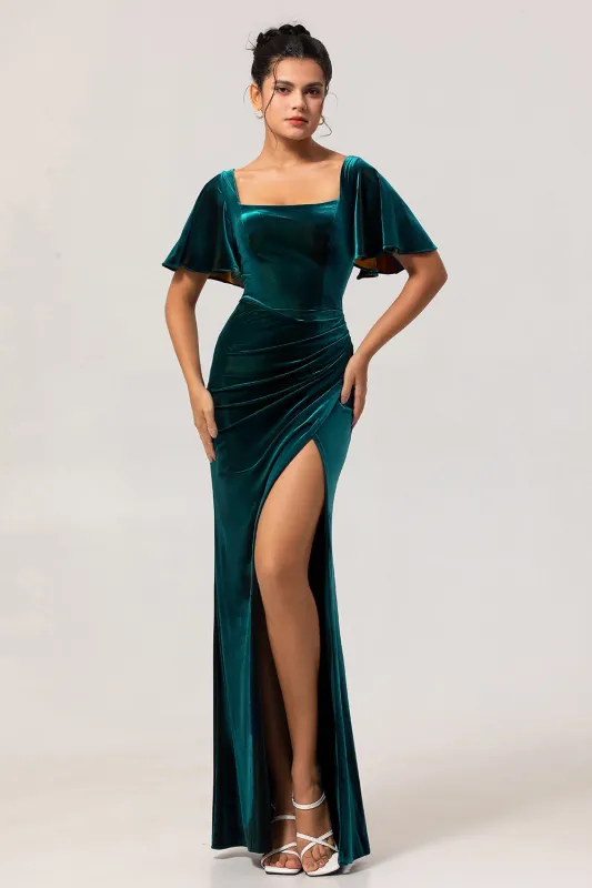 Peacock Green Sheath Square Neck Backless Velvet Long Bridesmaid Dress with Slit sold by Wedtrend