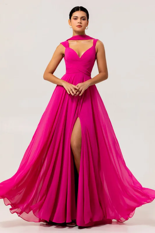 Fuchsia A Line Backless Long Convertible Chiffon Dress with Slit sold by Wedtrend