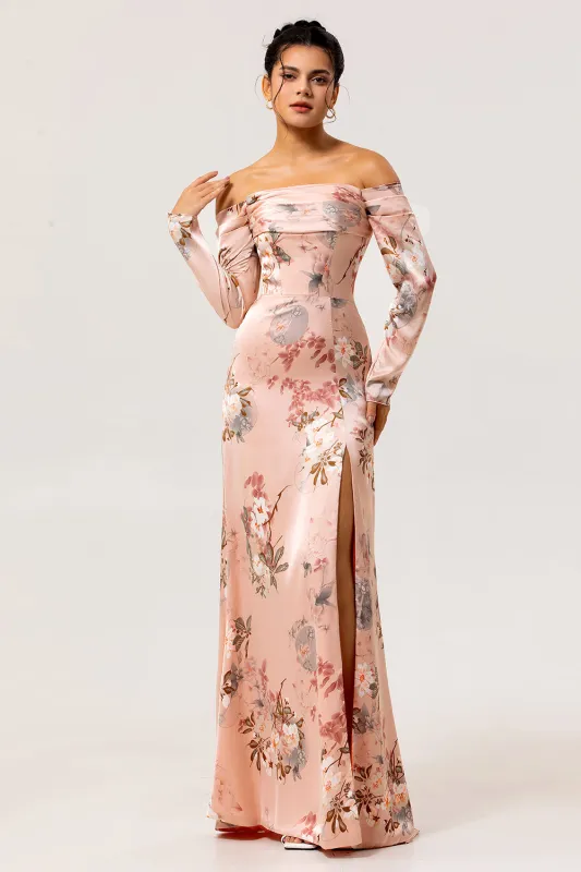 Blush Off The Shoulder Long Sleeves Print Satin Floral Bridesmaid Dress with Slit sold by Wedtrend