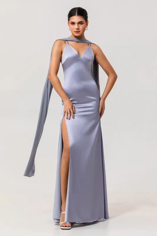 Dusty Blue Sheath Backless Streamer Long Bridesmaid Dress with Slit sold by Wedtrend