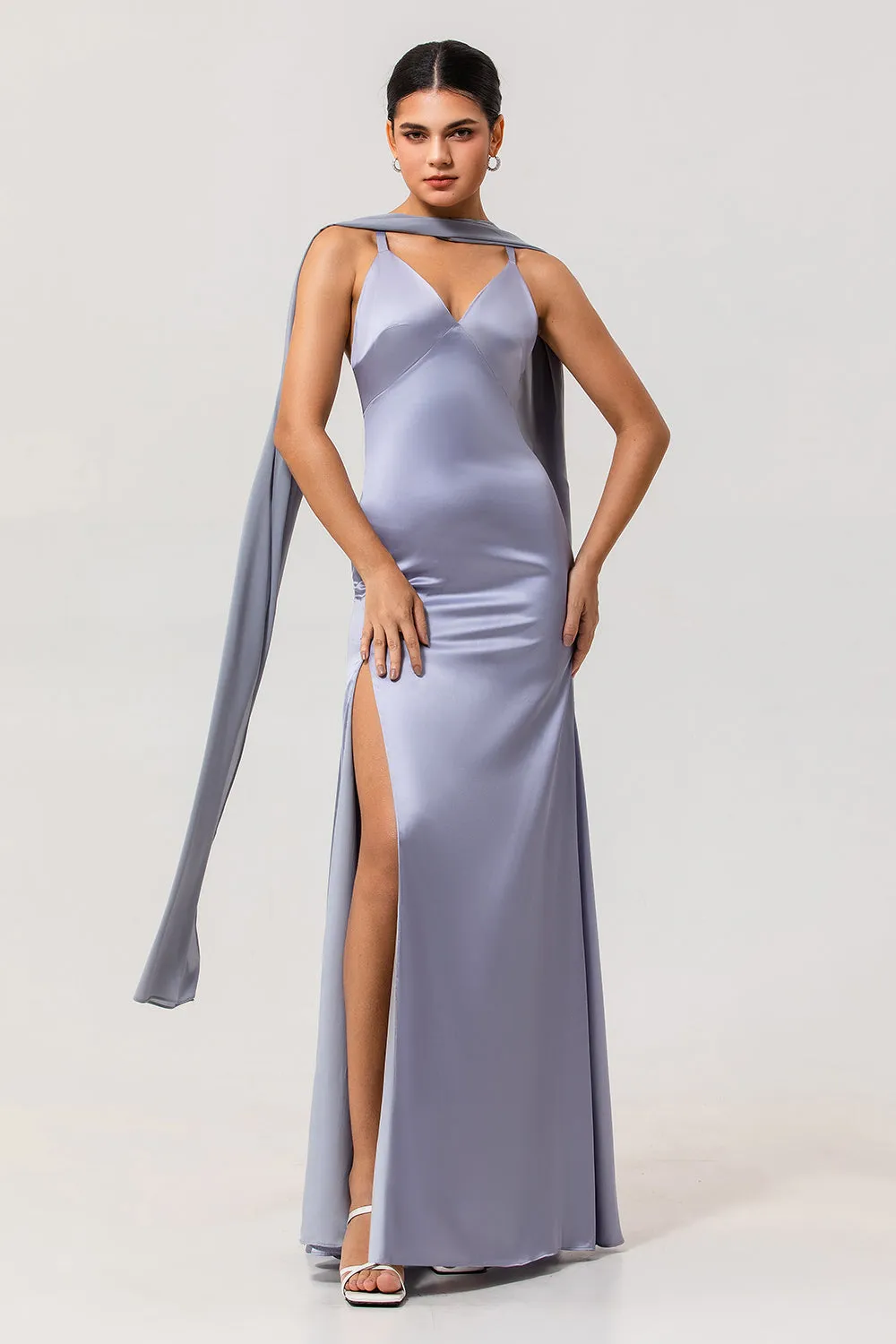 Dusty Blue Sheath Backless Streamer Long Bridesmaid Dress with Slit sold by Wedtrend