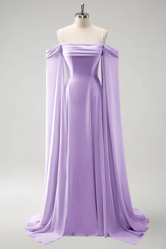 A-Line Cold Shoulder Convertible Chiffon Long Lilac Bridesmaid Dress with Capes made by Wedtrend