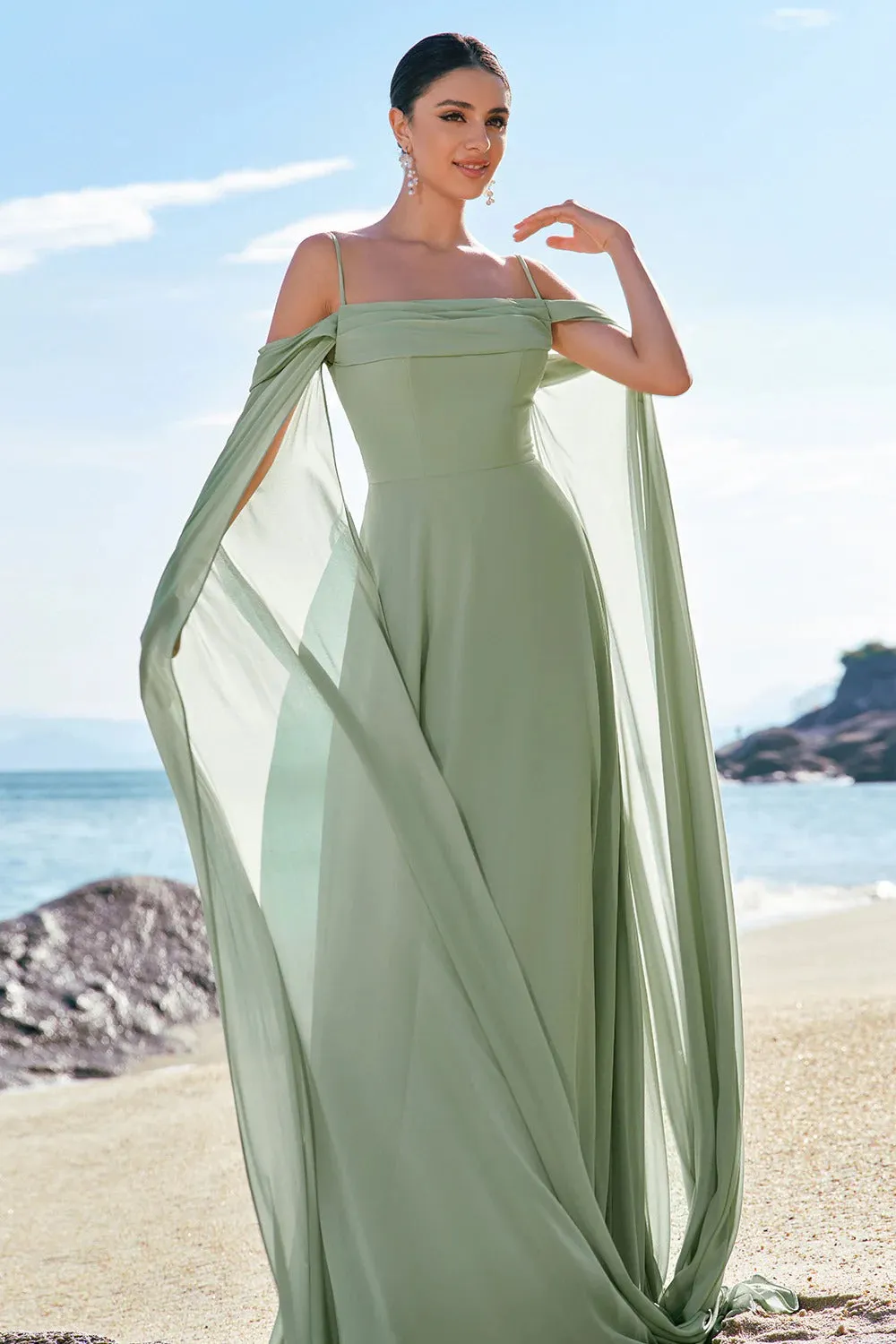 A-Line Cold Shoulder Convertible Chiffon Long Lilac Bridesmaid Dress with Capes sold by Wedtrend product image thumbnail 3
