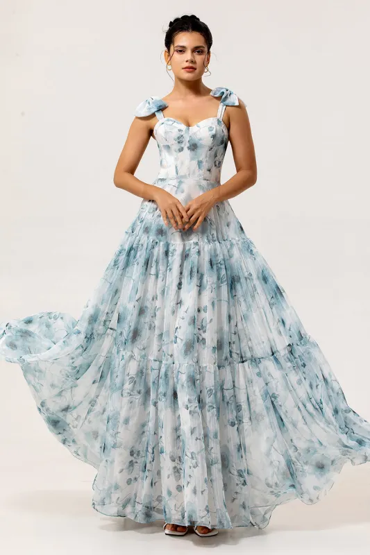 Blue A-Line Lace-Up Back Floor Length Floral Chiffon Dress with Shoulder Bows made by Wedtrend
