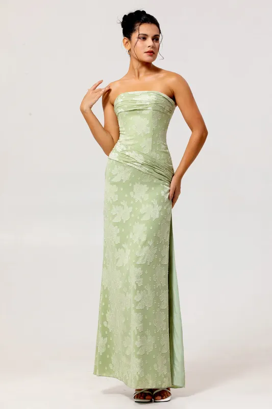 Sage Green Sheath Strapless Ruched Floral Jacquard Long Bridesmaid Dress with Side Slit sold by Wedtrend