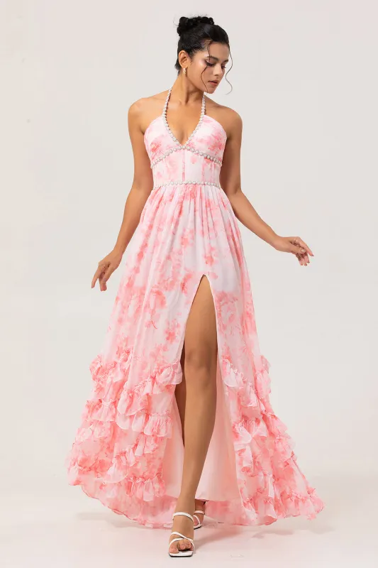 Blush A-Line Halter Pearls Corset Ruffle Chiffon Floral Dress with Slit sold by Wedtrend