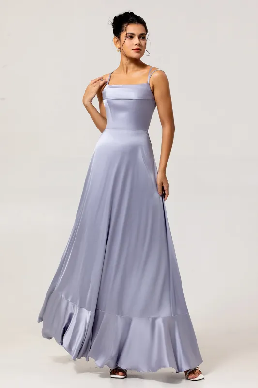 Dusty Blue A-Line Spaghetti Straps Satin Long Bridesmaid Dress with Lace Up Back sold by Wedtrend