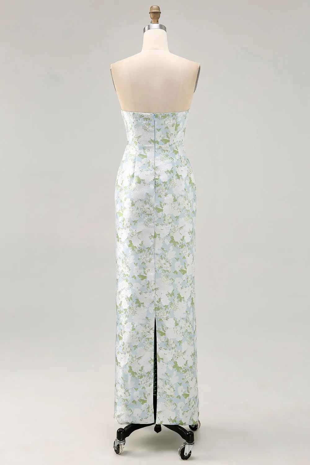 Blue Sheath Strapless White Floral Back Slit Satin Maxi Dress with Pockets sold by Wedtrend product image thumbnail 4