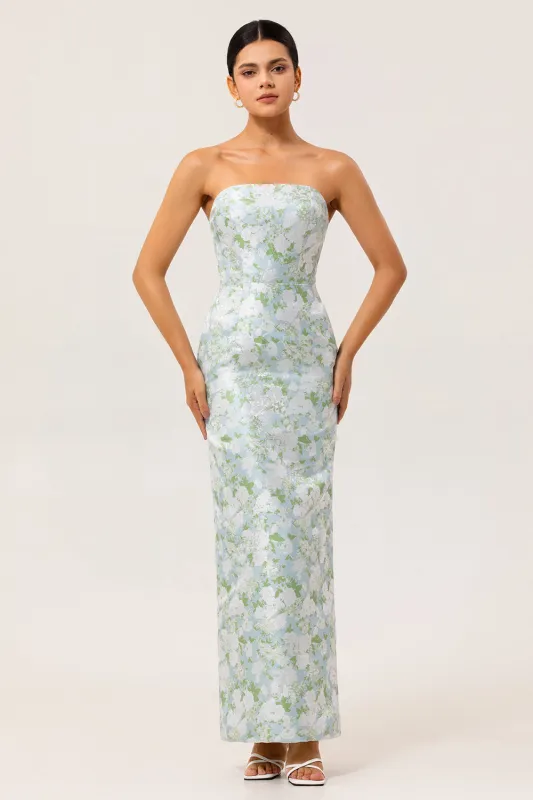 Blue Sheath Strapless White Floral Back Slit Satin Maxi Dress with Pockets made by Wedtrend