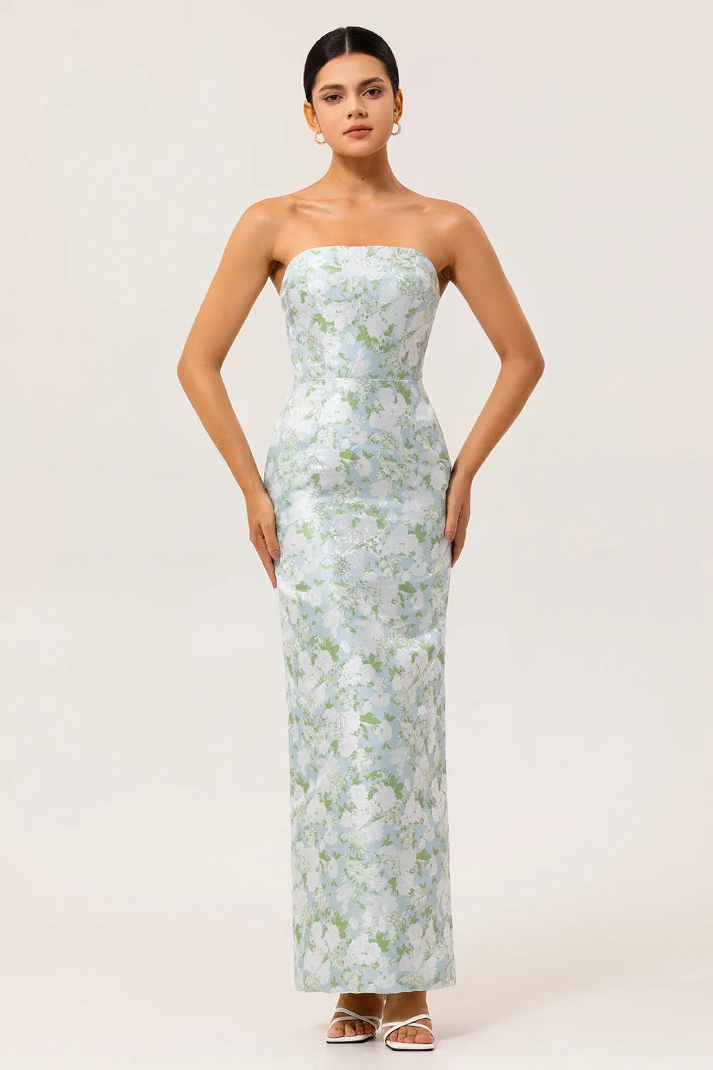 Blue Sheath Strapless White Floral Back Slit Satin Maxi Dress with Pockets sold by Wedtrend