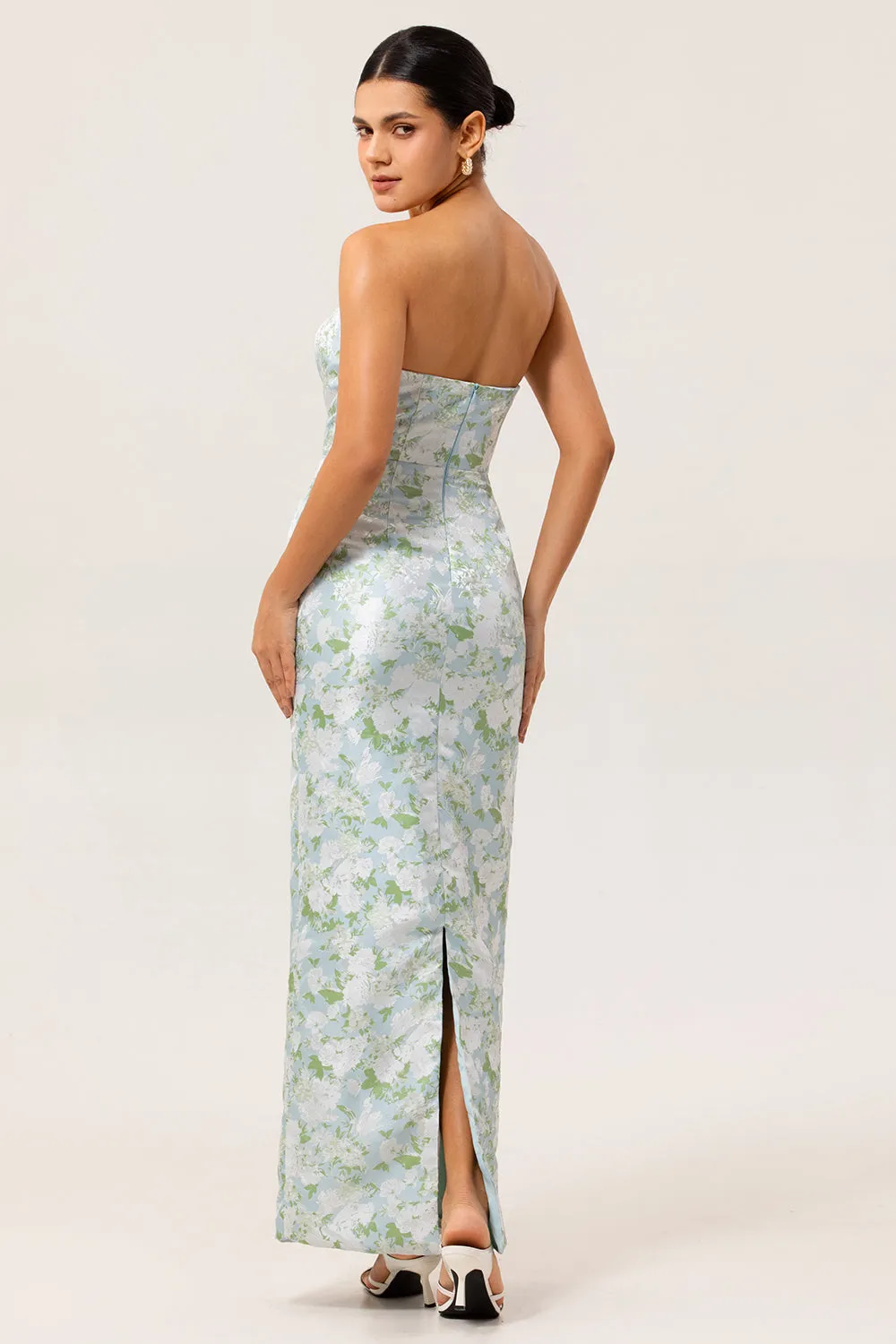 Blue Sheath Strapless White Floral Back Slit Satin Maxi Dress with Pockets sold by Wedtrend product image thumbnail 2