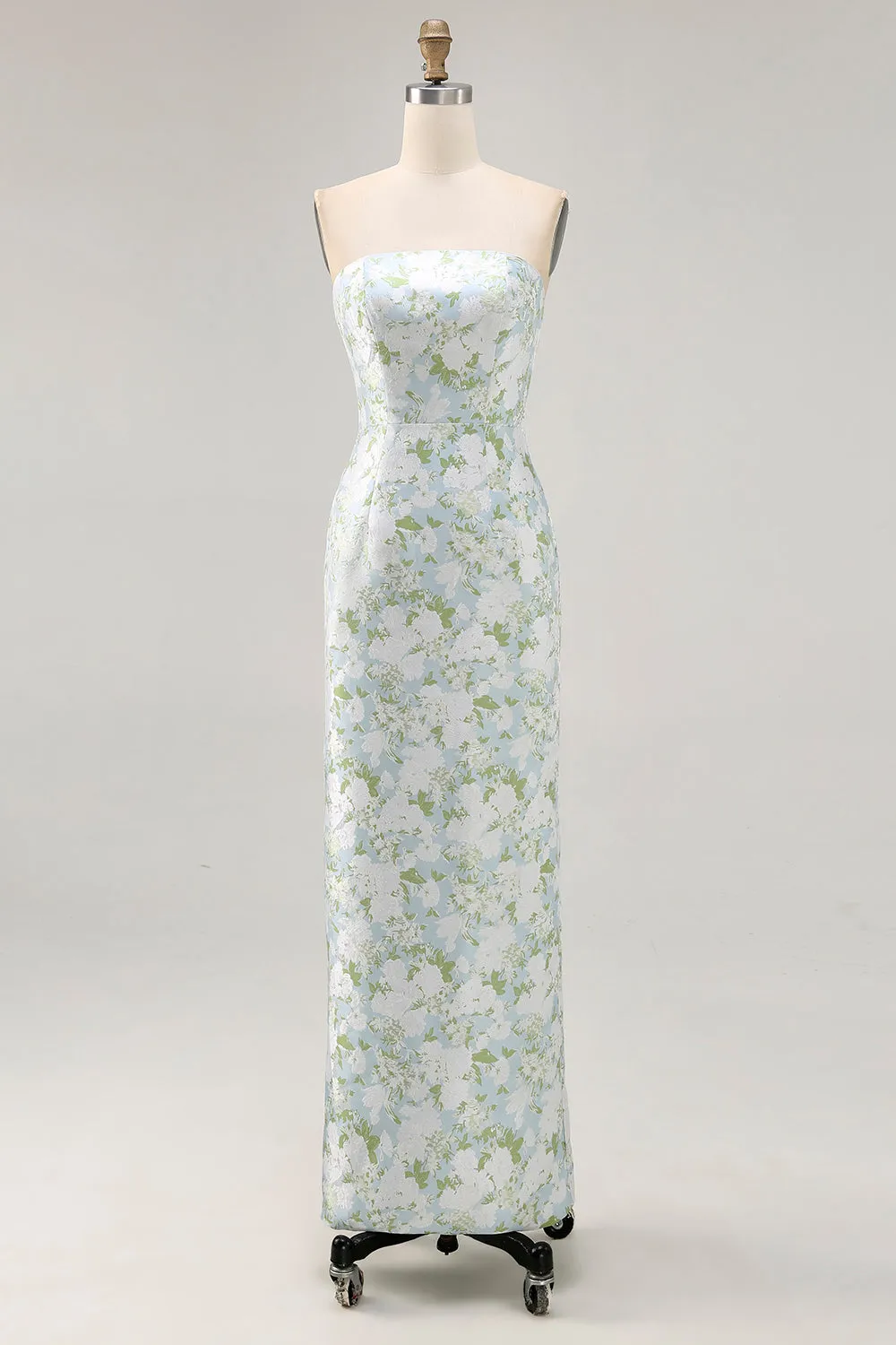 Blue Sheath Strapless White Floral Back Slit Satin Maxi Dress with Pockets sold by Wedtrend product image thumbnail 3