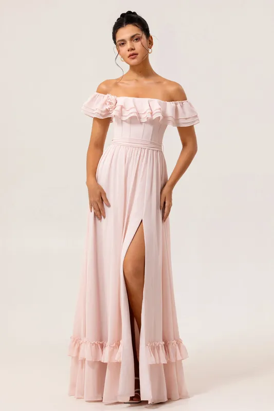 Blush A Line Off the Shoulder Ruffle Corset Chiffon Long Bridesmaid Dress with Rosette sold by Wedtrend