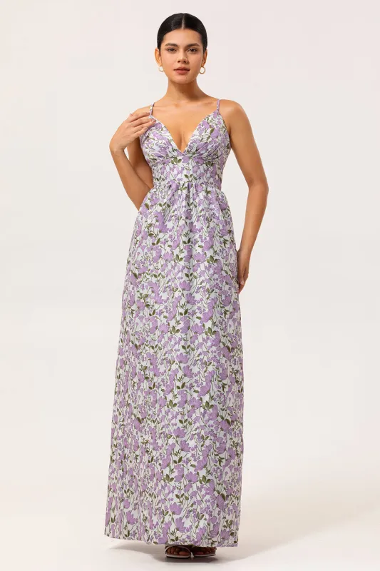 Purple A-Line V Neck Print Floral Chiffon Backless Maxi Dress with Pockets made by Wedtrend