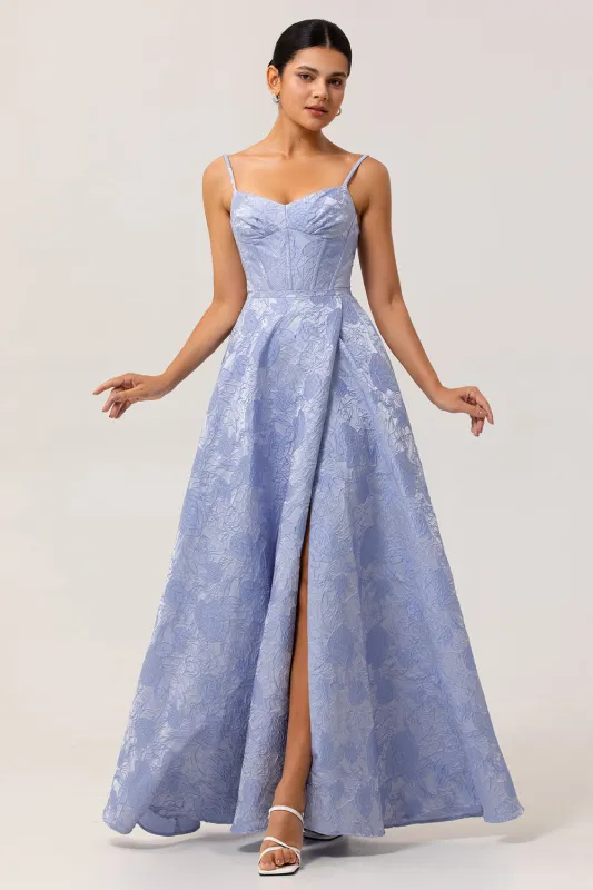 Blue A-Line Basque Waist Brocade Backless Long Jacquard Dress with Slit and Pockets sold by Wedtrend