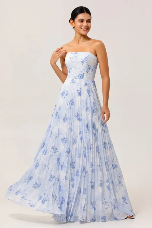Blue Flower A-Line Strapless Pleated Chiffon Print Long Bridesmaid Dress with Lace Up Back sold by Wedtrend