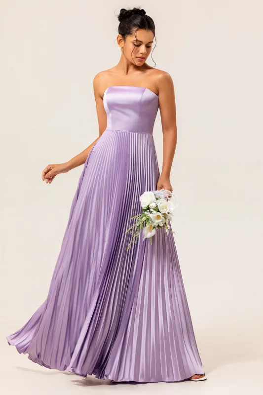 A-line Strapless Pleated Lilac Long Bridesmaid Dress with Lace Up Back sold by Wedtrend