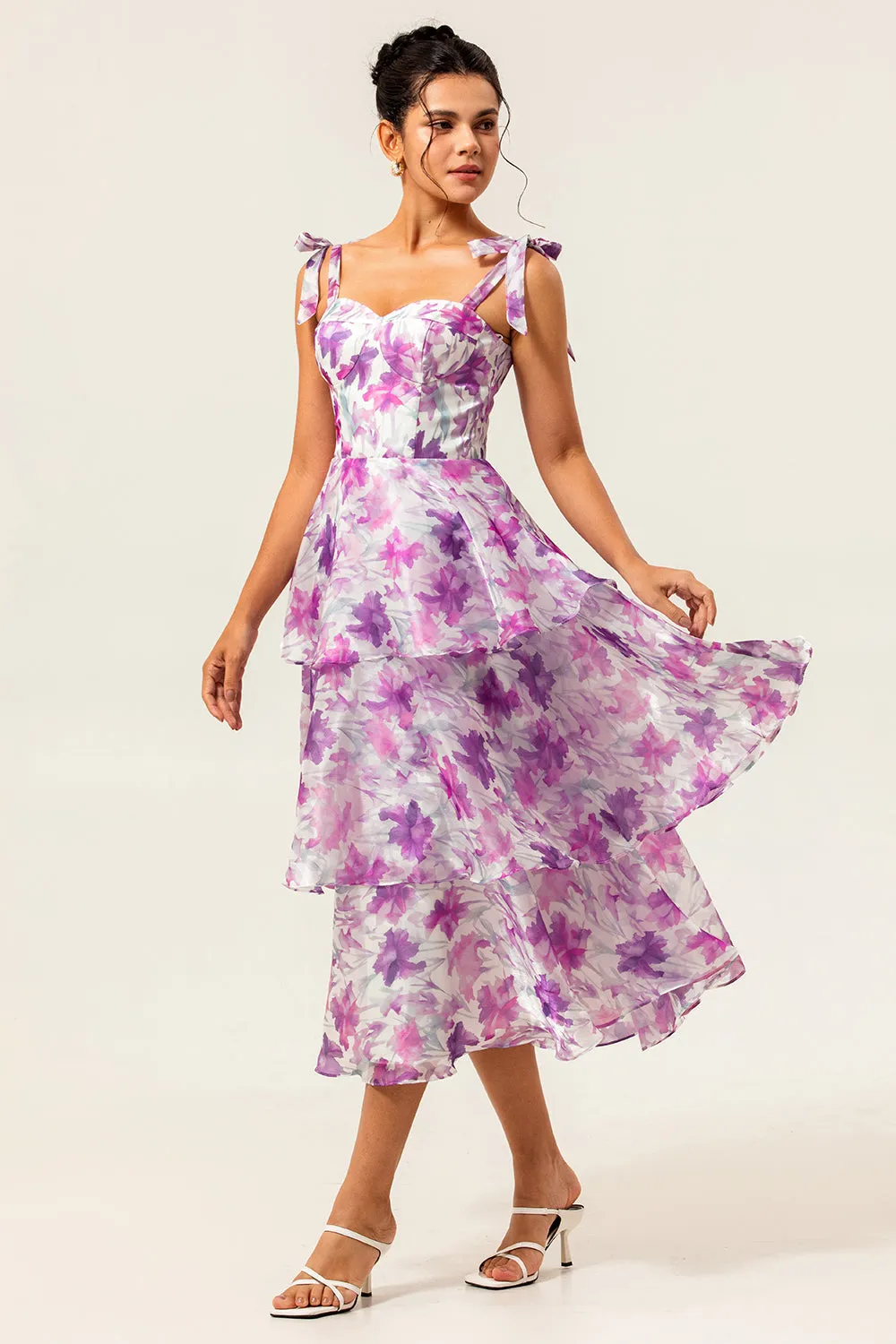Purple Flower A-Line Lace Up Back Tiered Print Midi Dress with Straps Bows sold by Wedtrend product image thumbnail 4
