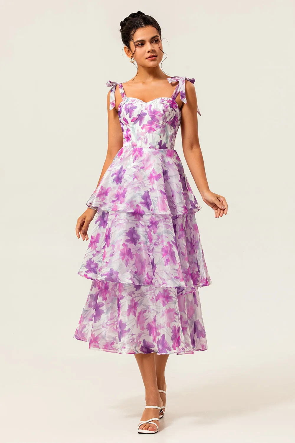 Purple Flower A-Line Lace Up Back Tiered Print Midi Dress with Straps Bows sold by Wedtrend product image thumbnail 3