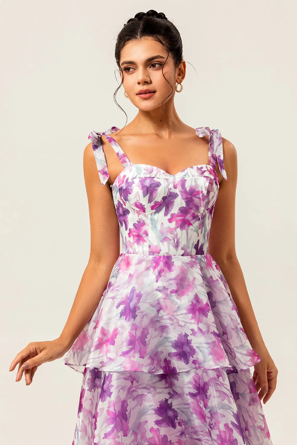 Purple Flower A-Line Lace Up Back Tiered Print Midi Dress with Straps Bows sold by Wedtrend product image thumbnail 5